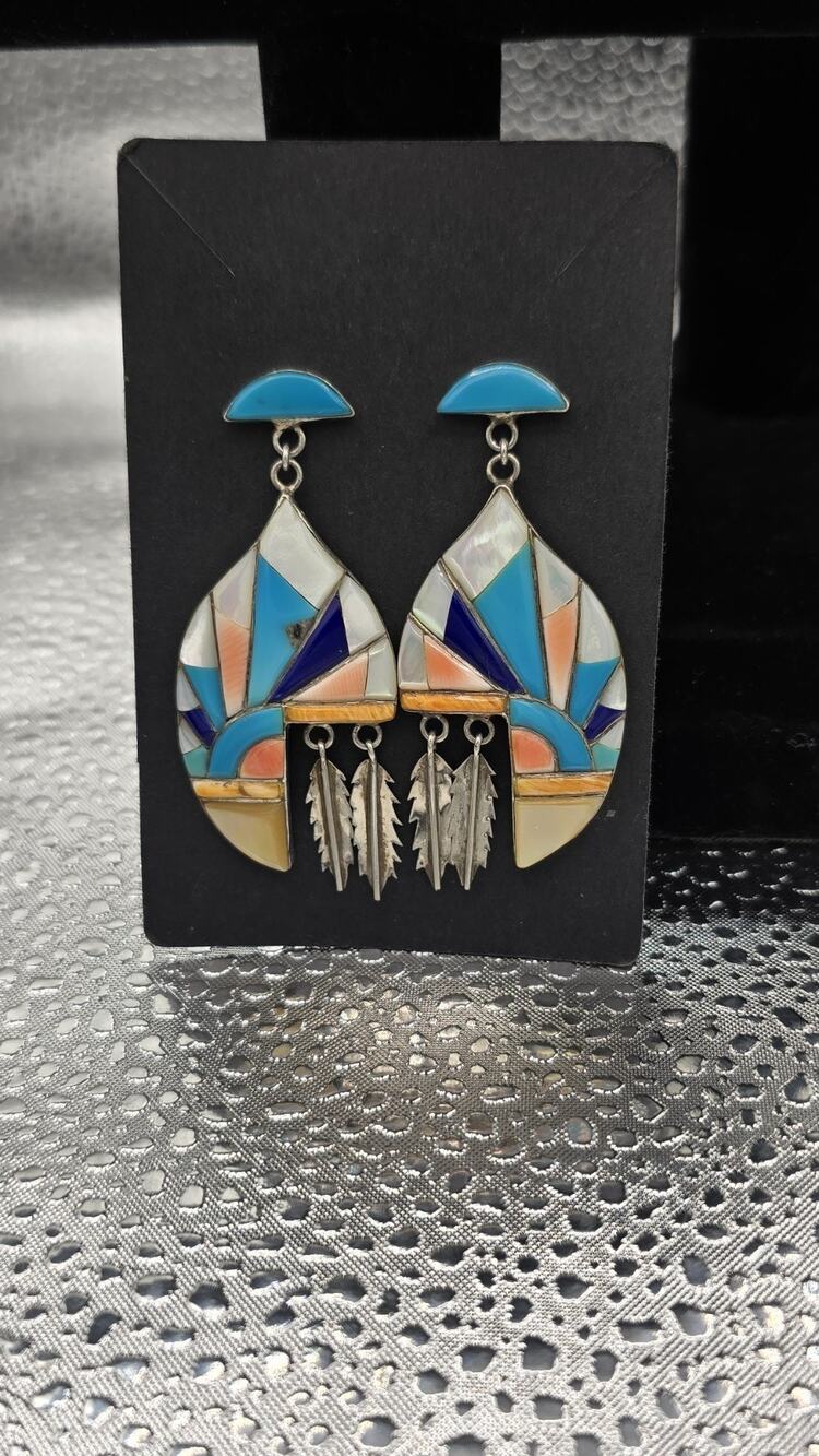 Vintage 2.35 Inch Native American Multi-Gemstone Inlay Dangle Post Earrings